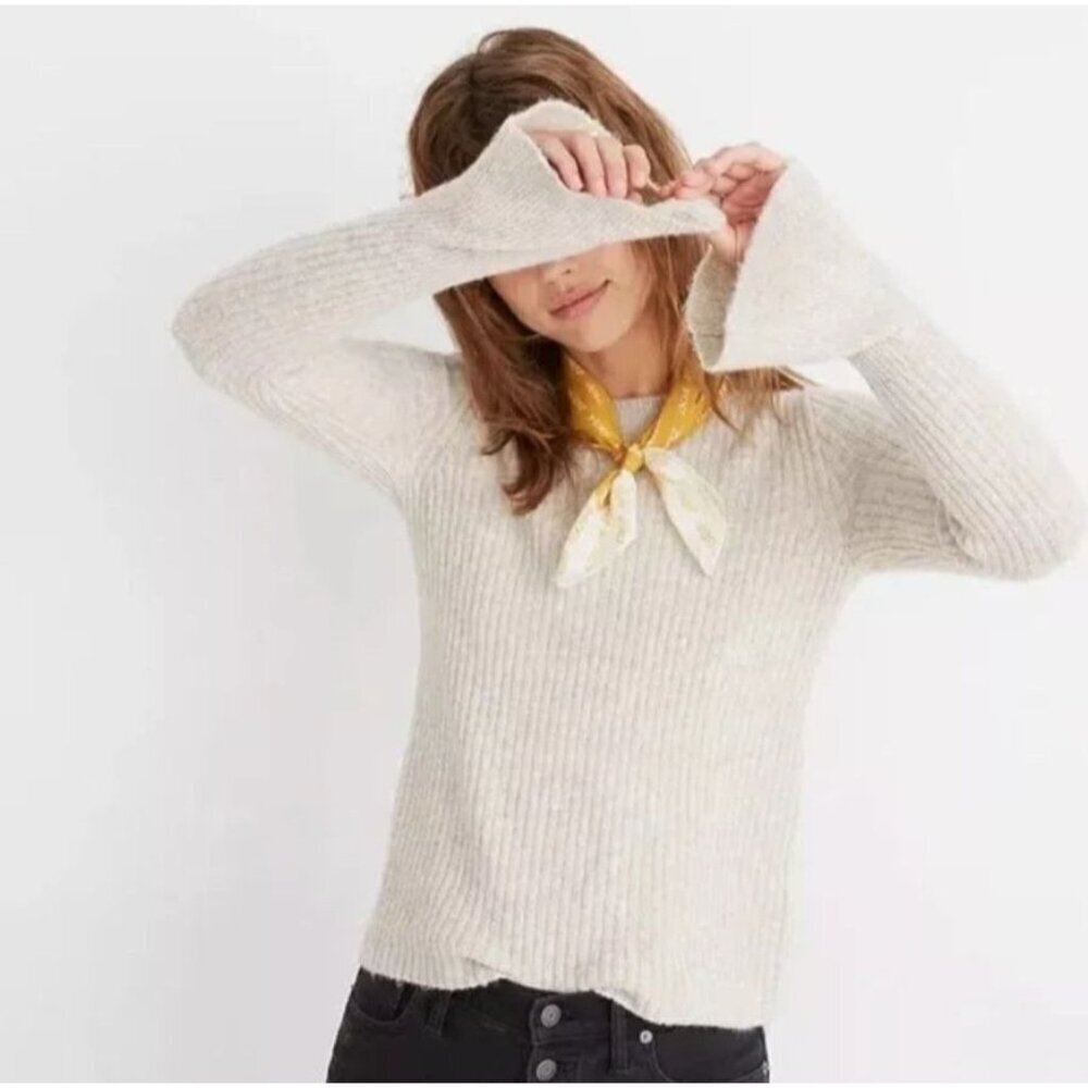 Madewell Wool Blend Flared Sleeve Lightweight Fall School Sweater Sz XS Oatmeal